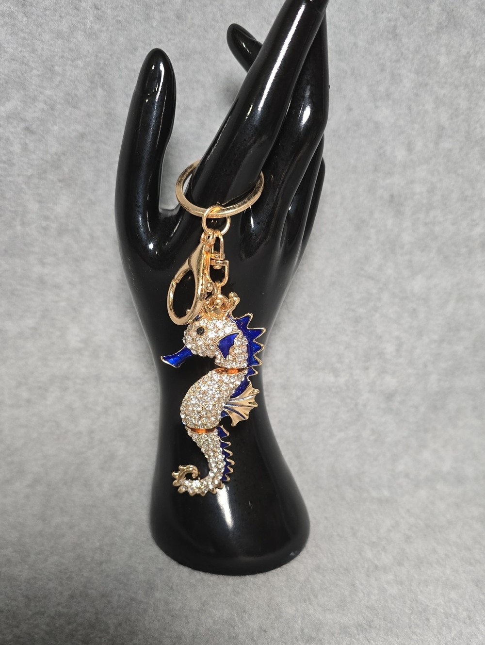 Gold Crystal Seahorse Keychain/Bag Charm with Blue Enamel Accents